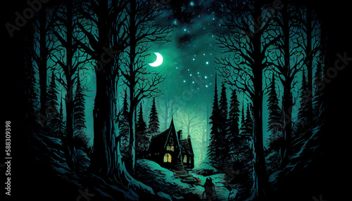 halloween night forest landscape with moon - by generative ai