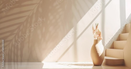 Podium for packaging presentation and cosmetic. Product scene with a light palm shadow motion.