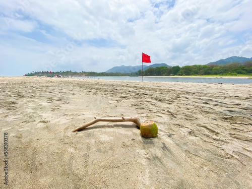 View of a beach with a red danger flag photo