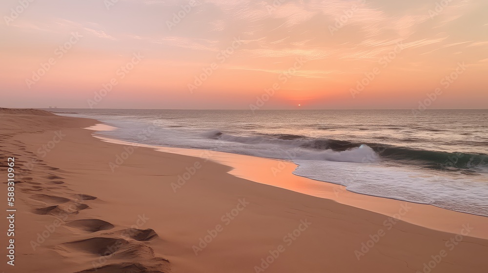 A serene sunset over a beach with soft pinks and oranges