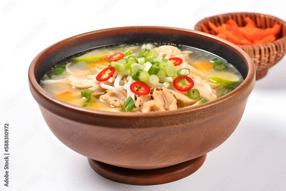 A close-up shot of a bowl of soto ayam, a flavorful Indonesian chicken soup. Generative AI A close-up shot of a bowl of soto ayam, a flavorful Indonesian chicken soup. Generative AI