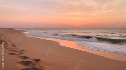 A serene sunset over a beach with soft pinks and oranges