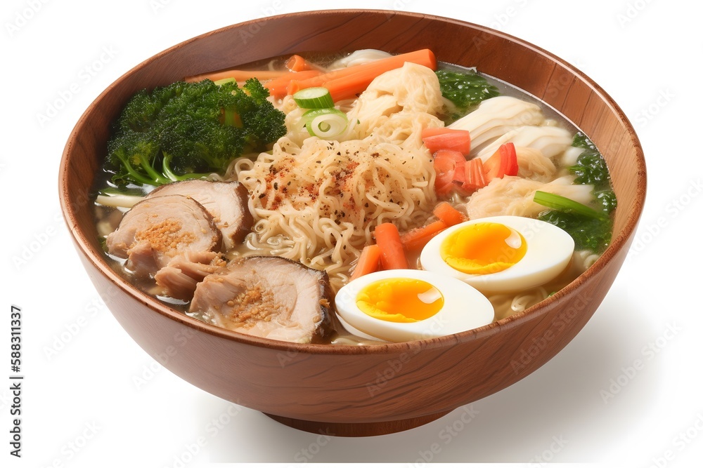 A close-up shot of halal ramen, topped with beef, egg, and vegetables. Generative AI A close-up shot of halal ramen, topped with beef, egg, and vegetables. Generative AI