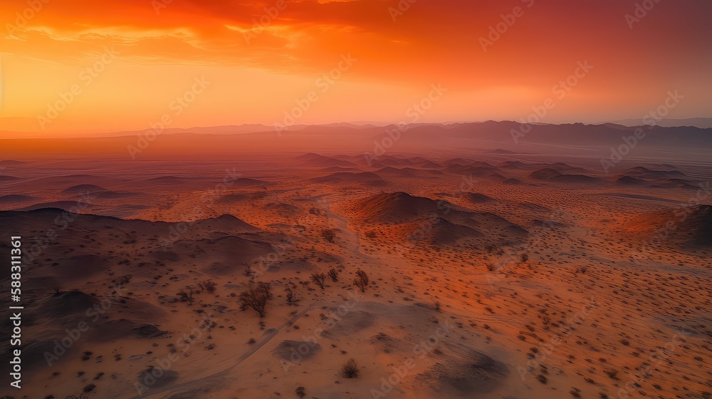 A fiery sunset over a desert landscape with deep reds and oranges