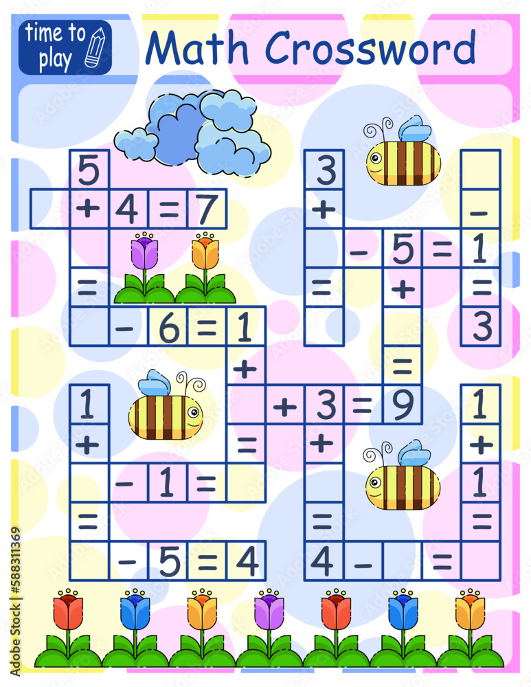 Math Crossword puzzle for children. Addition and subtraction