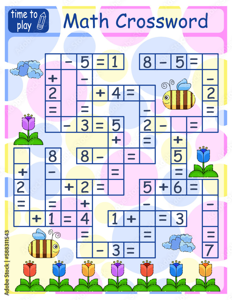 Math Crossword puzzle for children. Addition and subtraction