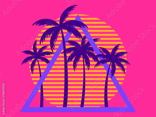 80s retro sci-fi palm trees on a sunset. Retro futuristic sun with palm trees in a triangular frame. Synthwave style. Design for advertising brochures, banners and posters. Vector illustration