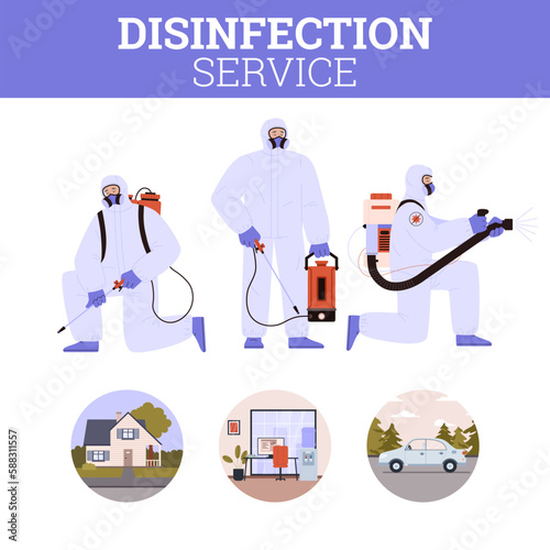 People in protective suits holding sprayers, round icons flat style