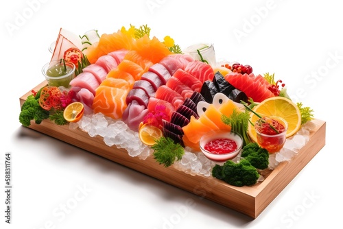 A colorful display of halal sashimi with salmon, tuna, and yellowtail on a bed of ice. Generative AI