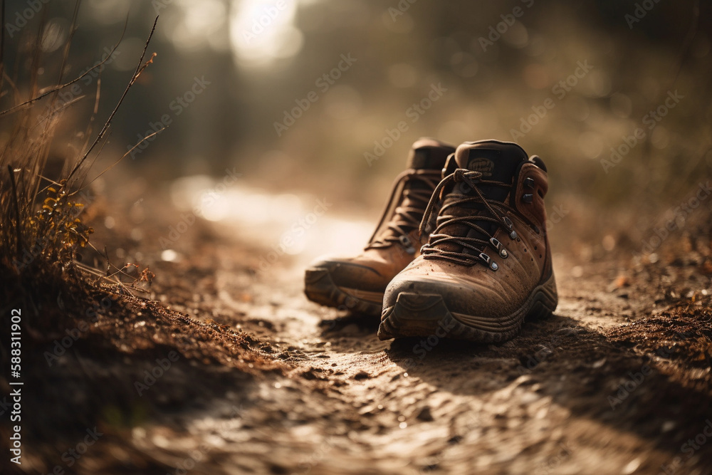 Worn out hiker shoes on a dusty mountain path or trail. Mountain and nature hiking adventure. Trekking shoes for outdoor trail. Ai generated Worn out hiker shoes on a dusty mountain path or trail. Mountain and nature hiking adventure. Trekking shoes for outdoor trail. Ai generated