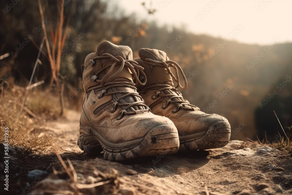 Worn out hiker shoes on a dusty mountain path or trail. Mountain and nature hiking adventure. Trekking shoes for outdoor trail. Ai generated Worn out hiker shoes on a dusty mountain path or trail. Mountain and nature hiking adventure. Trekking shoes for outdoor trail. Ai generated