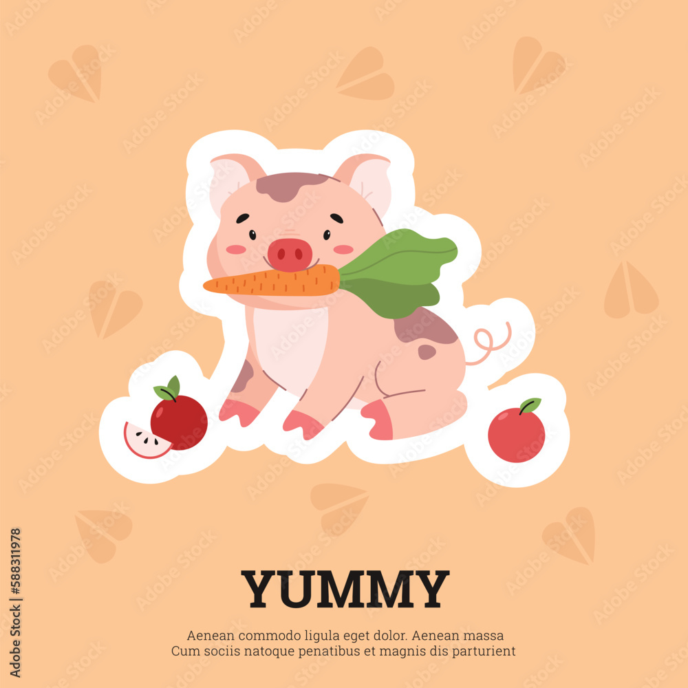 Cute and funny pig eating carrot and apple, poster template - cartoon flat vector illustration. Cute and funny pig eating carrot and apple, poster template - cartoon flat vector illustration.