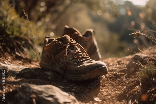 Worn out hiker shoes on a dusty mountain path or trail. Mountain and nature hiking adventure. Trekking shoes for outdoor trail. Ai generated © dragomirescu