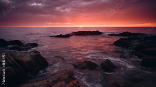 A dramatic sunset over the ocean with orange  pink  and purple hues reflecting on the water