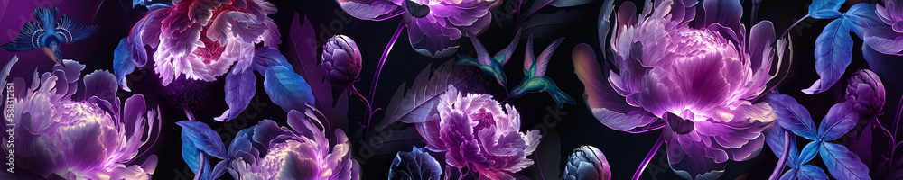 Fantasy background of a magical purple dark night flowers. Horizontal image for a banners