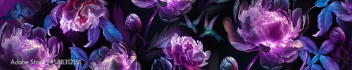 Fantasy background of a magical purple dark night flowers. Horizontal image for a banners