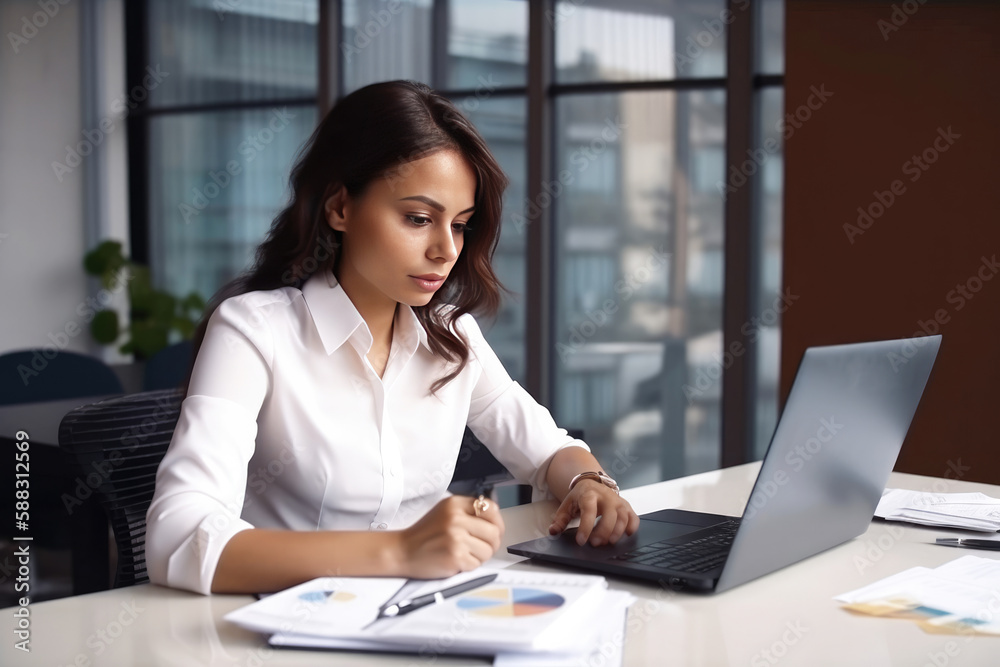 Young business woman working in the office using a laptop. Generative AI Young business woman working in the office using a laptop. Generative AI