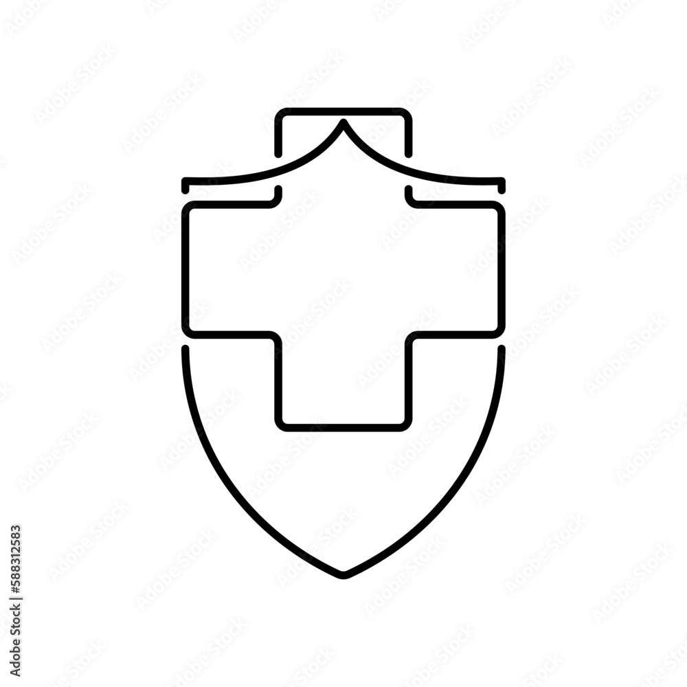 Medical shield icon. Black shield with medical cross. Save shield icon. Vector illustration. Abstract logo design Medical shield icon. Black shield with medical cross. Save shield icon. Vector illustration. Abstract logo design