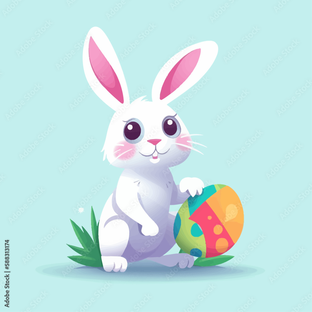 Obraz premium Cute easter bunny with Easter egg. Holiday colorful vector illustration in pastel colors