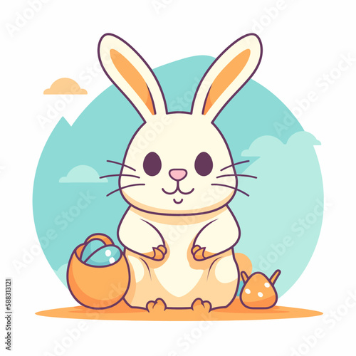 Easter bunny with colorful Easter egg. Holiday card vector illustration