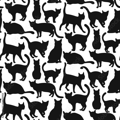 Seamless pattern depicting the outline of a black cat for Halloween. Flat cat in different poses. For printing on textiles and paper. Gift wrapping. Black outline on white