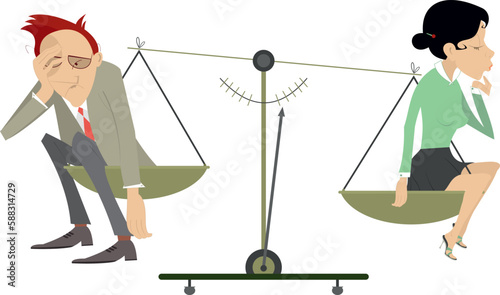 Scale. Quarrel between man and woman.
Problem. Thinking man sitting on the scale. Concept
