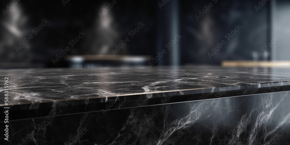 Black Marble Table Counter Top, Podium Pedestal, Abstract Living Room Space Background in Interior. Product Mock up Display, Back Drop. Generative AI. Black Marble Table Counter Top, Podium Pedestal, Abstract Living Room Space Background in Interior. Product Mock up Display, Back Drop. Generative AI.