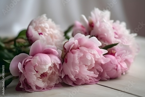 Close up of flowers peonies in pink color. Beautiful freshly cut bouquet lies on the light table, generative AI