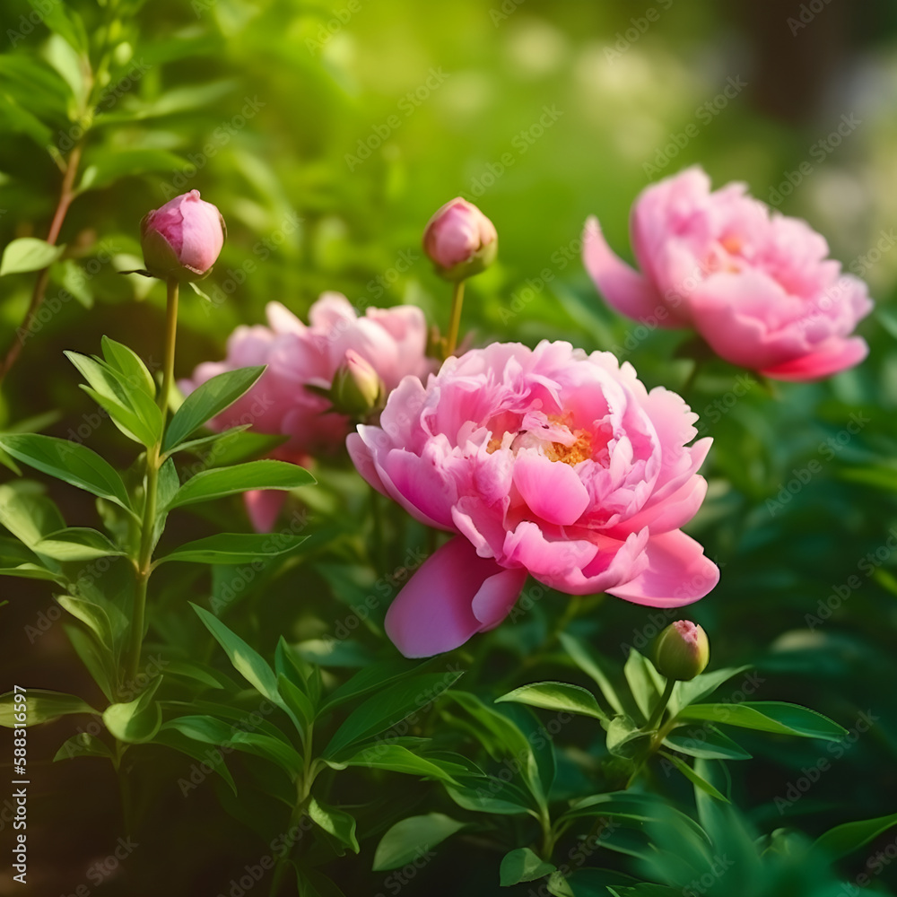 Close up of flowers peonies in pink color. Beautiful peony bush in the garden, generative AI Close up of flowers peonies in pink color. Beautiful peony bush in the garden, generative AI
