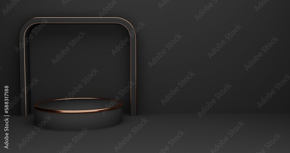 Abstract 3D room with realistic black cylinder pedestal podium set on ...