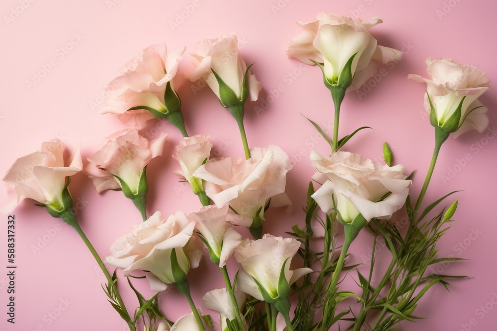  a bunch of pink flowers on a pink background with green stems and leaves on the stems, with a pink background with a pink background.  generative ai