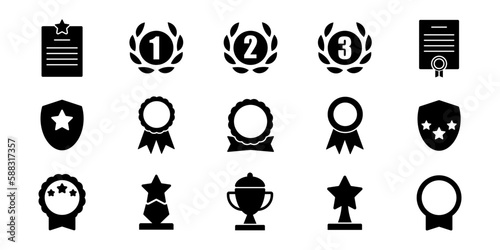 Set with award, award with number 1, one, trophy cup, trophy cup with star winner medal, trophy star, user with rating vector icon 