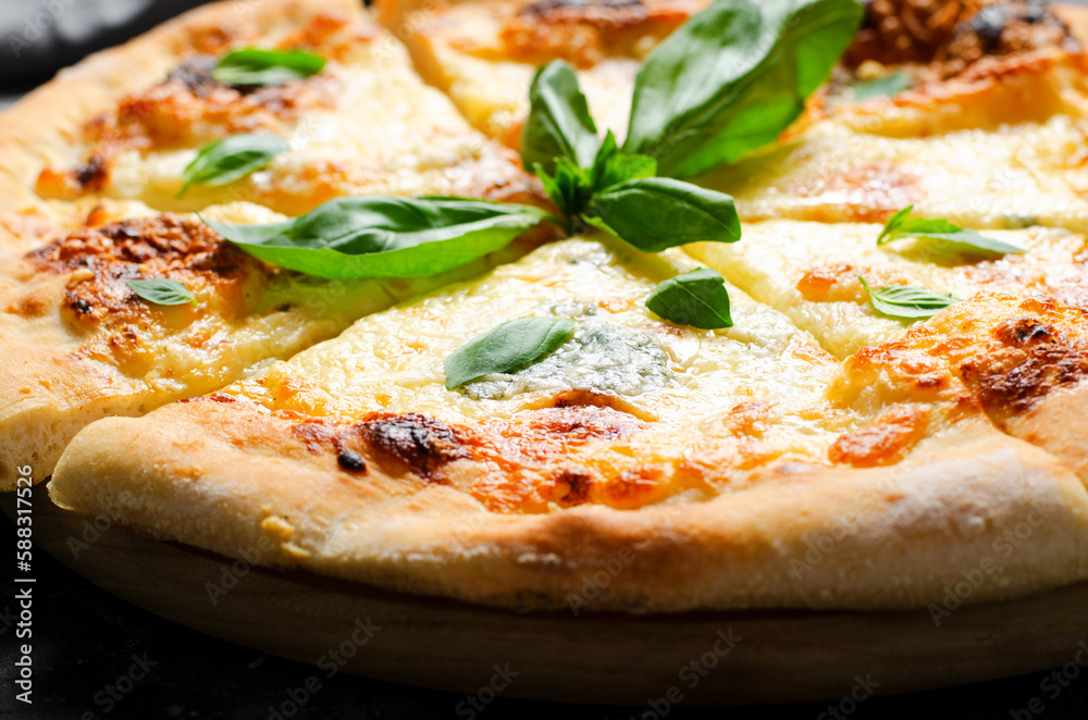 Four Cheese Pizza on Dark Background, Freshly Baked Pizza