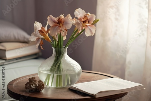  a glass vase with some flowers in it on a table with a book and a pen on it next to a bed with a pillow. generative ai