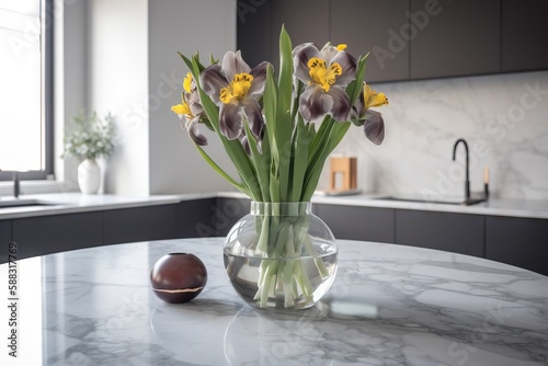 a vase of flowers sitting on a marble table in a kitchen with an egg on the side of the table and a vase of flowers in the middle of the table. generative ai
