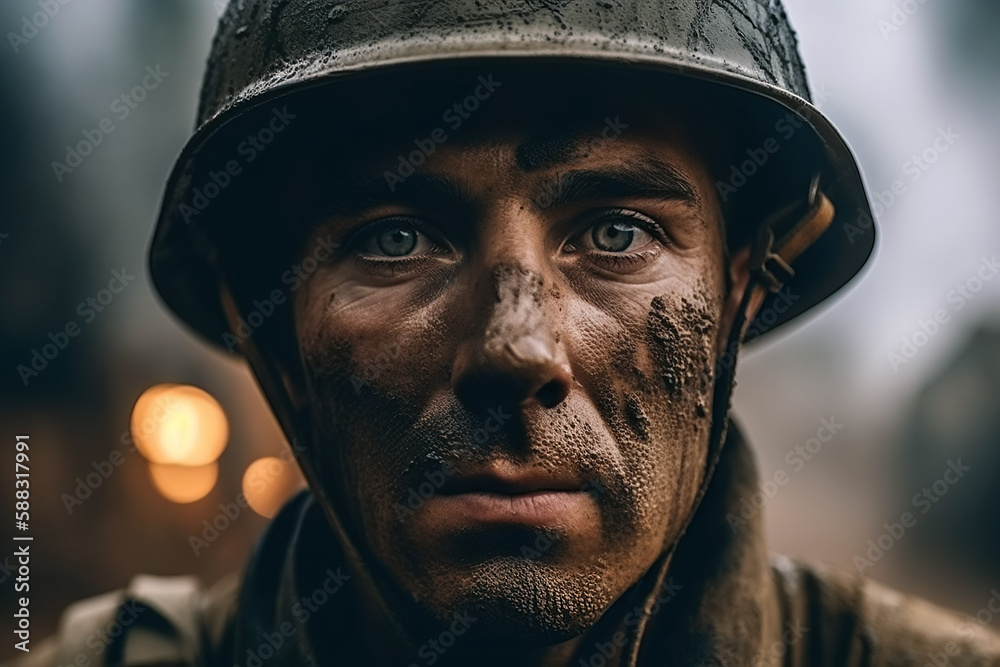 portrait of a soldier in helmet at war on battlefield. Generative AI portrait of a soldier in helmet at war on battlefield. Generative AI