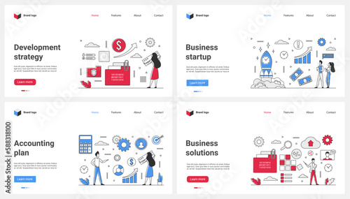 Business development, startup, planning and decision strategy set vector illustration. Cartoon tiny people launch rocket of new idea, analyze project with graph report, develop company growth