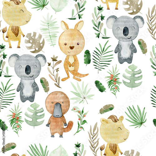 Photography Watercolor seamless pattern with australian animals