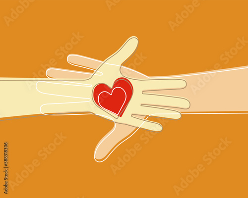 Two hands touching palms, heart in the middle. The hand of a woman and a man. Love. Reciprocity. Silhouette and line. 
