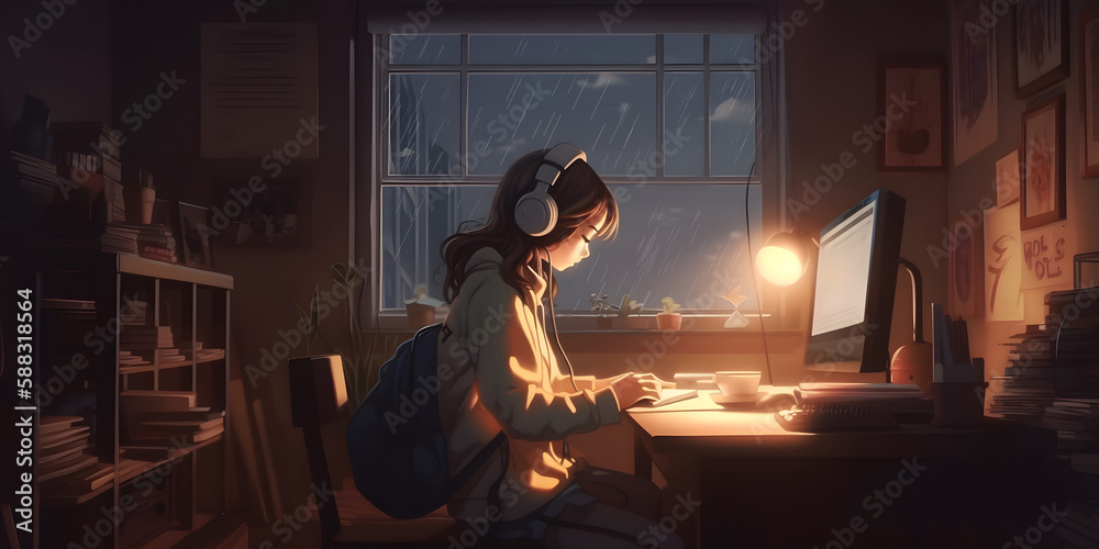 Anime Lo-Fi Girl Studying Chill Vibe 4K wallpaper