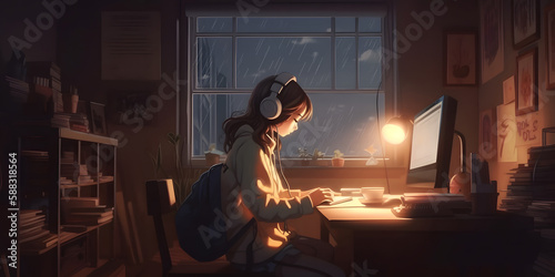 Cool Lofi Girl studying at her desk. Rainy or cloudy outside  beautiful chill  atmospheric wallpaper. 4K streaming background. lo-fi  hip-hop style. Anime manga style. Generative ai.