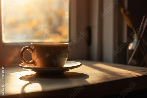 Hot cup of morning coffee near a window in a coffee shop. Cozy relaxing environment to enjoy an espresso. Indoors caffeine drinking. Ai generated