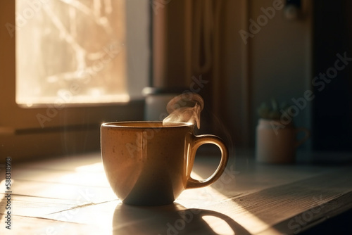 Hot cup of morning coffee near a window in a coffee shop. Cozy relaxing environment to enjoy an espresso. Indoors caffeine drinking. Ai generated