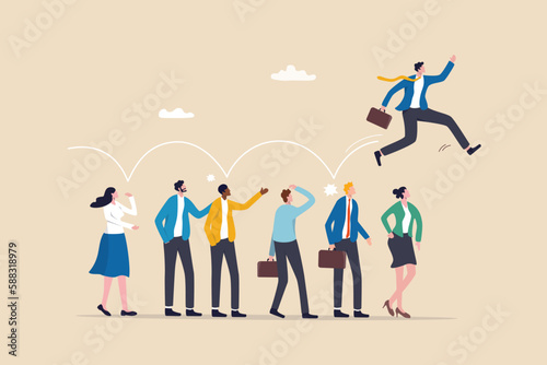 Career competition, job promotion or selfish colleagues jump over other people to get to goal, take advantage of coworker to success, selfish businessman jump over other people to achieve target.