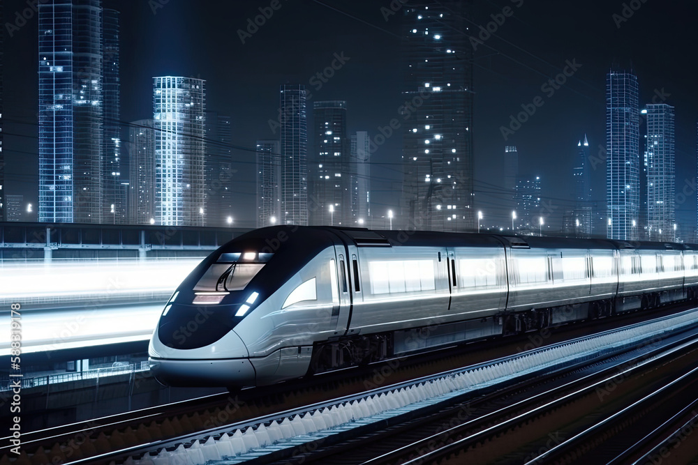 Modern high speed train at night. Fast train in city with motion blur ...