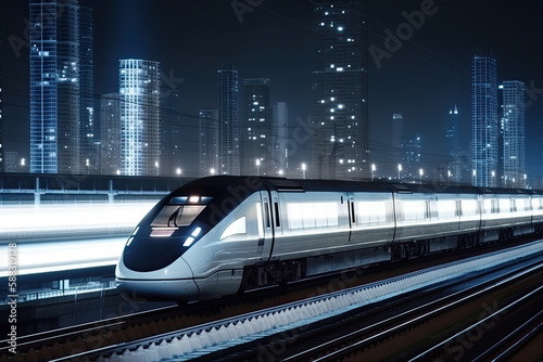 Modern high speed train at night. Fast train in city with motion blur effect  Public transport. Railway transportation. Created with Generative AI