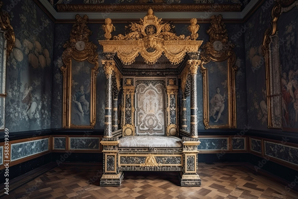 Empty royal throne in dark castle hall. Fantasy medieval throne for king. Created with Generative AI Empty royal throne in dark castle hall. Fantasy medieval throne for king. Created with Generative AI