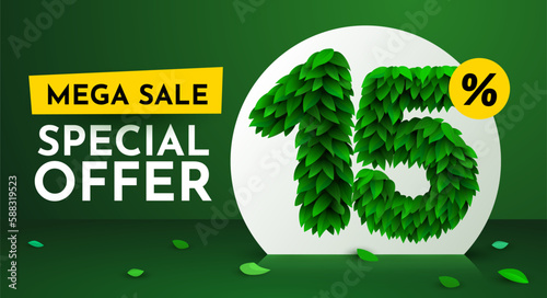 15 percent Off. Discount creative composition. Sale brochure with font made from leaves. Sale banner and poster.