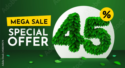 45 percent Off. Discount creative composition. Sale brochure with font made from leaves. Sale banner and poster.
