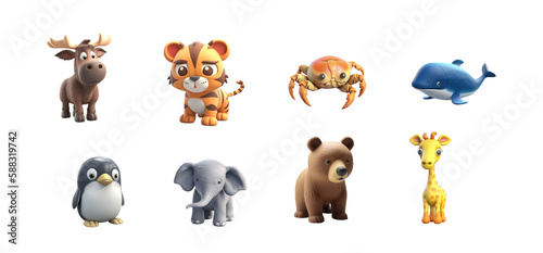 Pack of 8 various animals in a consistent 3d cartoon style, set on a transparent background